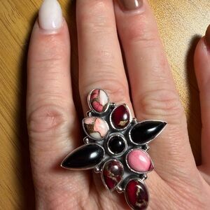 Sterling Silver Red Dahlia and Onyx Statement Ring